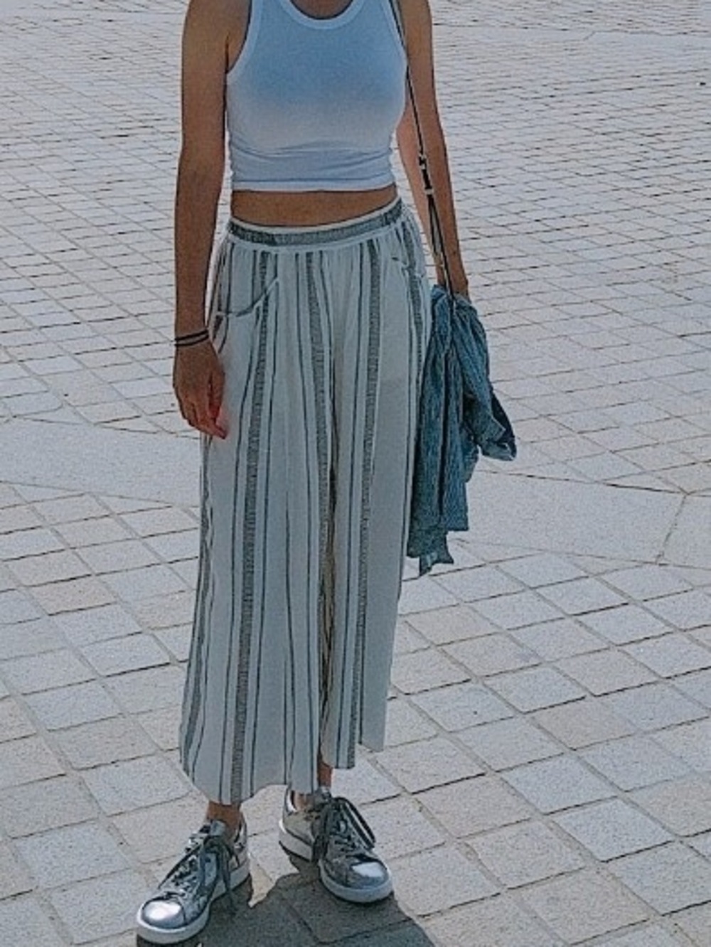 elevenses White and Gray Wide-Leg Pants with Vertical Stripes